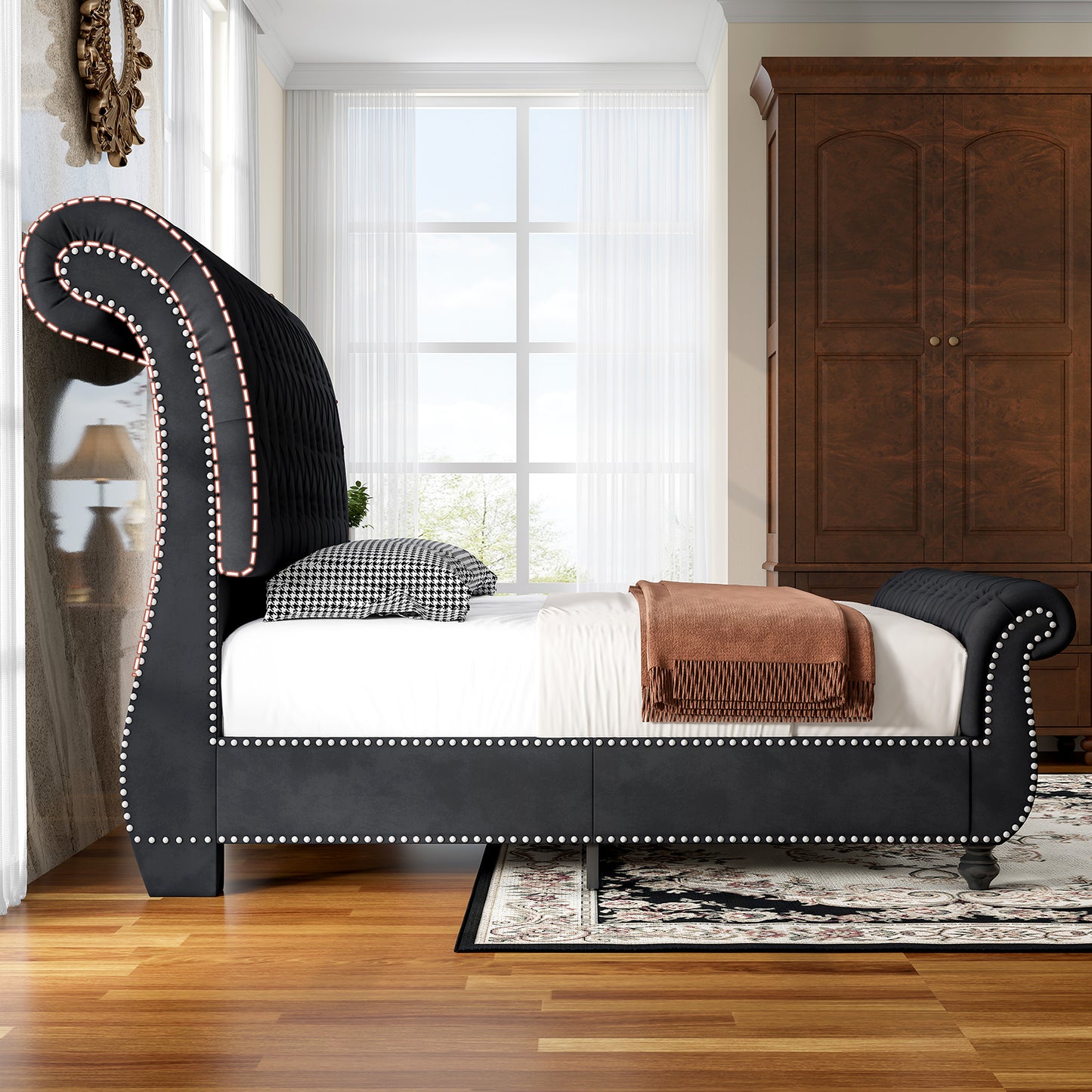 Jocisland Velvet Upholstered Platform Sleigh Bed Frame with Scroll Headboard & Footboard, Button Tufted
