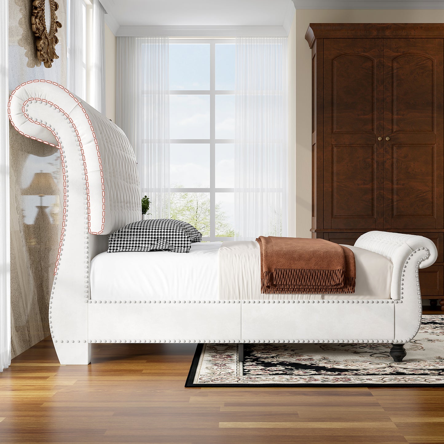 Jocisland Velvet Upholstered Platform Sleigh Bed Frame with Scroll Headboard & Footboard, Button Tufted