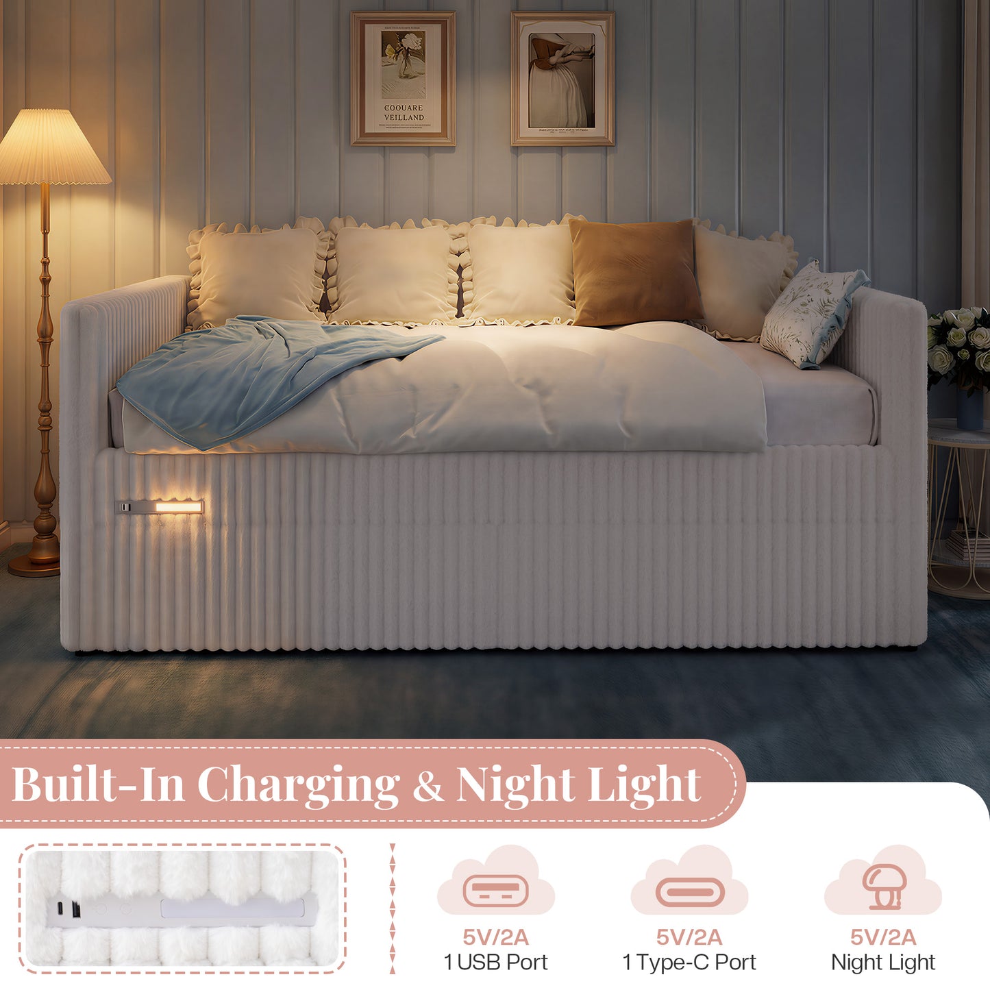 Jocisland Twin Size Corduroy Daybed with 2 Storage Drawers & Bedside Pockets, Upholstery Sofa Bed With Charging & Night Light, Easy Assembly, No Box Spring Needed, for Living Room, Bedroom
