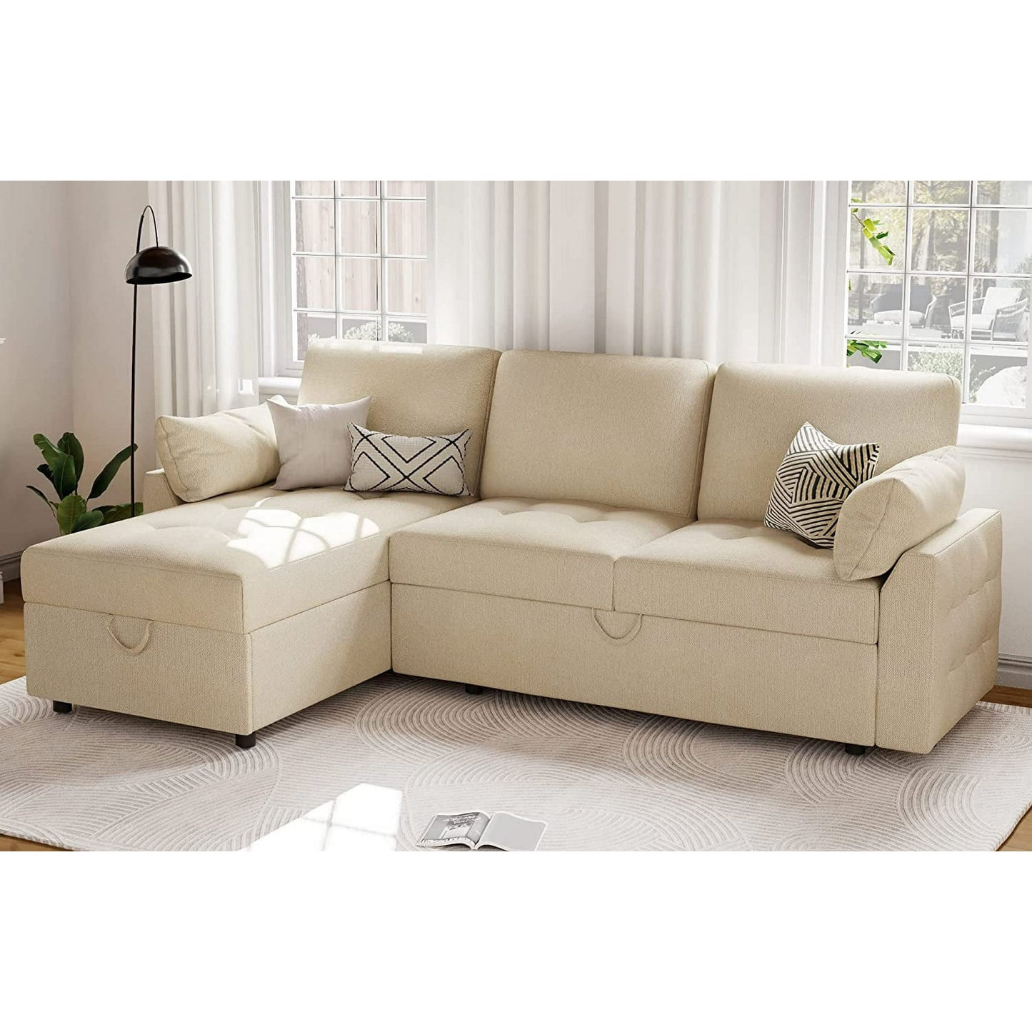 Pull Out Sofa Bed, Tufted Sleeper Sofa, L Shaped Couch with Storage Chaise, Chenille Beige