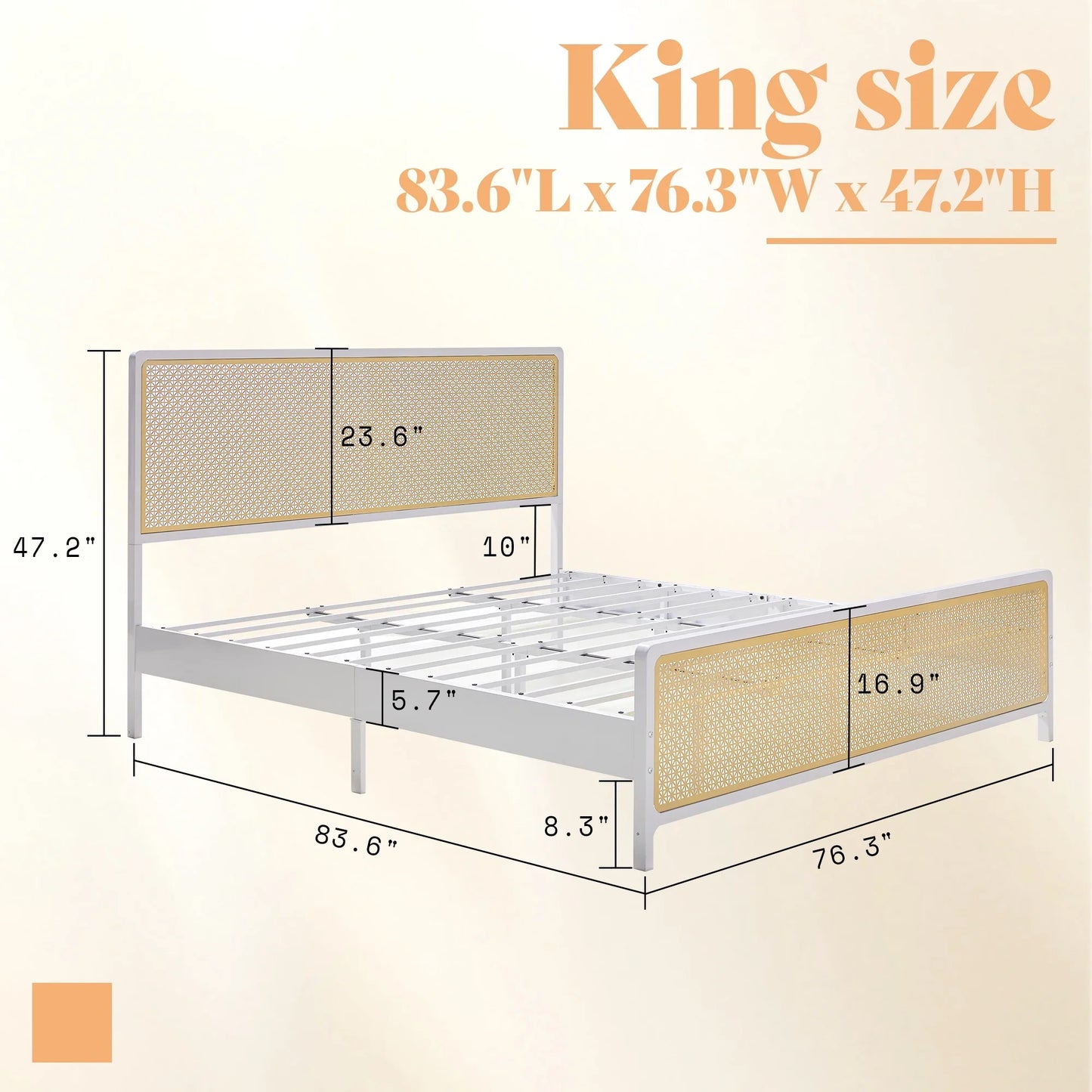 King Size Bed Frame with Metal Rattan Headboard and Footboard, King Platform Bed Frame with LED Lighted Headboard, No Box Spring Needed/Noise Free/White