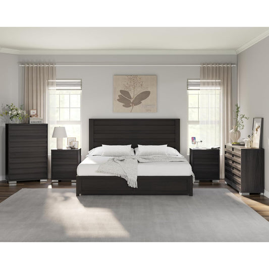 AMERLIFE 5 Piece Farmhouse Bedroom Set, Queen Bed Frame with 49" Fluted Headboard, 54" Wide 6 Drawer Dresser, 47" High 5 Drawer Dresser, 2 Drawer Nightstand with Charging Stand, Black