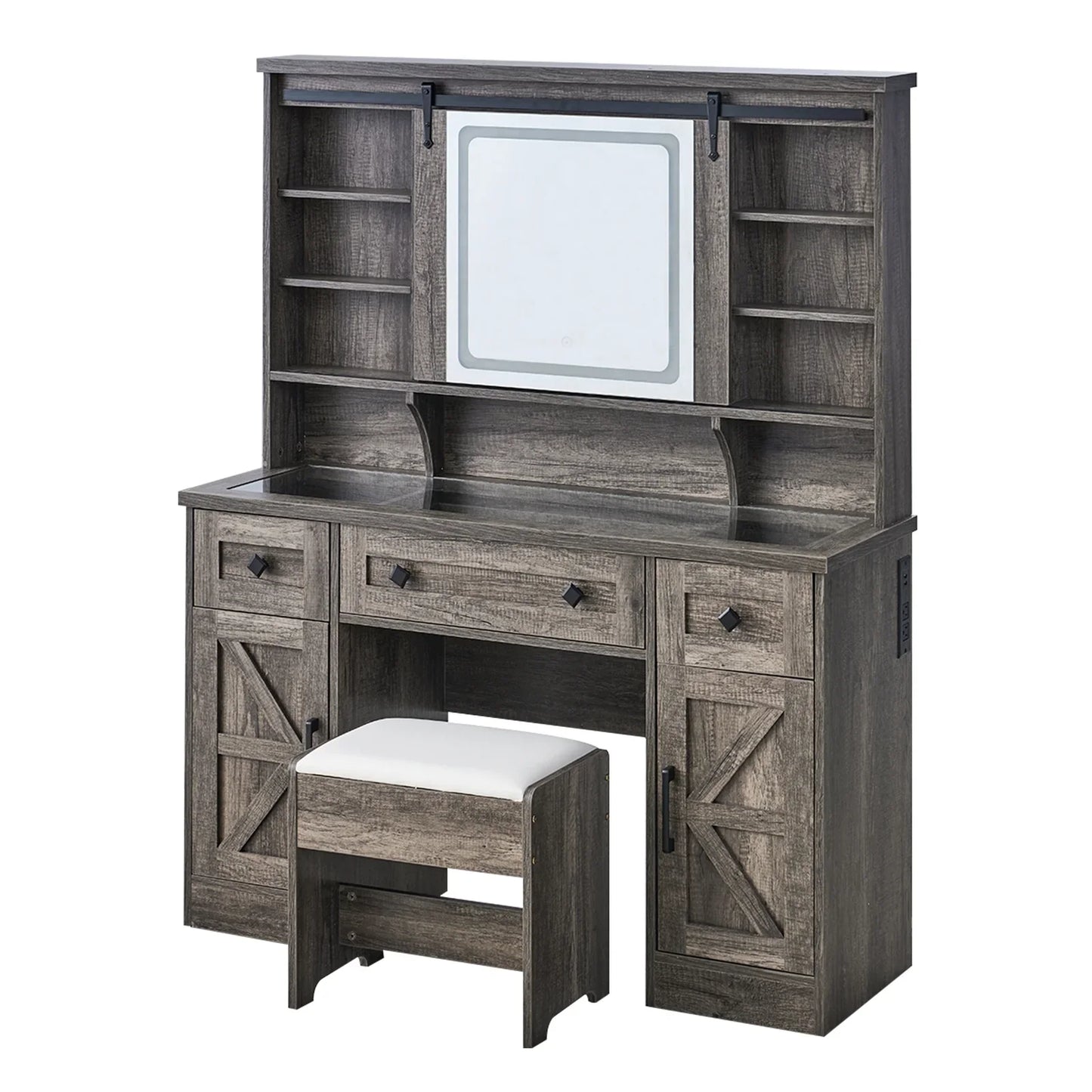 Farmhouse 47.2" Makeup Vanity Desk with Charging Station, Vanity Set with Stool & Sliding Mirror & 3 Brightness Lights, Glass Desktop, Ample Storage, Dark Oak