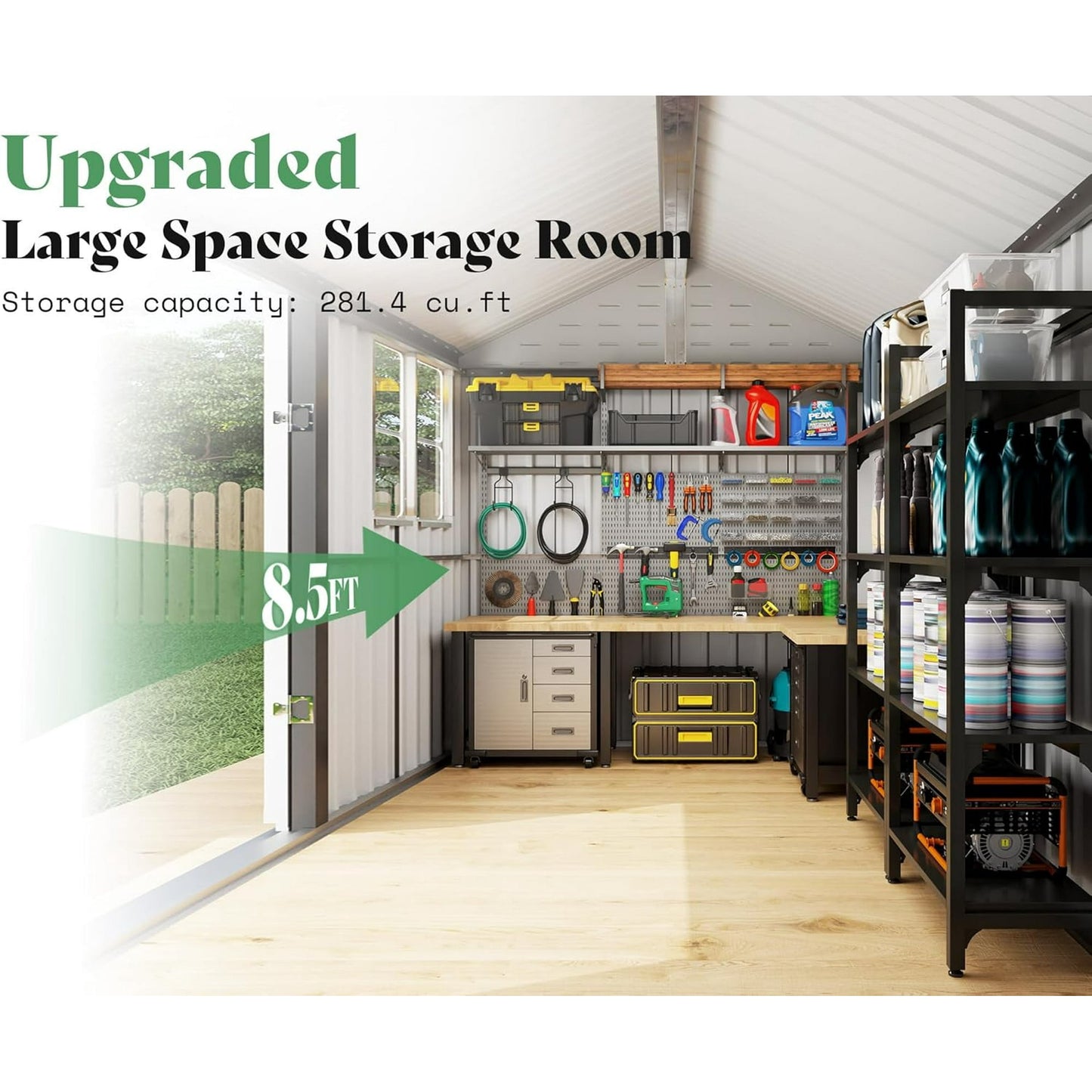 Jocisland 8.6x6x8 FT Outdoor Storage Shed with Lockable Upgraded Vents and Hinged Double Doors, Metal Shed for Backyard, Patio, Garden, Dark Black/White