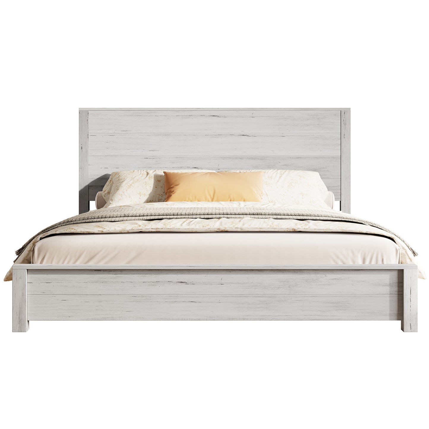 Merluxy Full Size 51.2" Wood Bed Frame, Rustic Platform Bed with Spliced Headboard, Wood Slats Support/Noiseless/No Box Spring Needed/Antique White