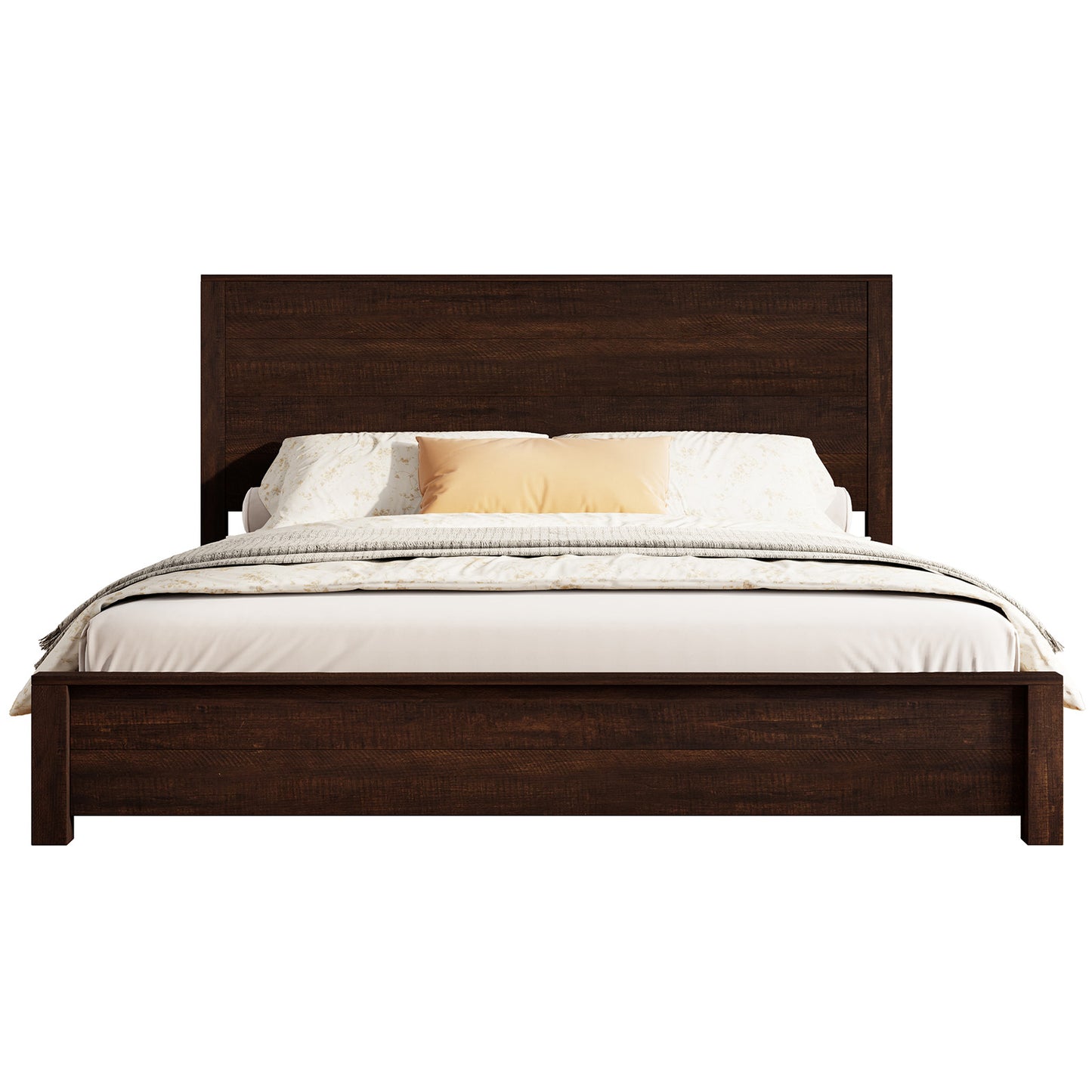 Merluxy Full Size 51.2" Wood Bed Frame, Rustic Platform Bed with Spliced Headboard, Wood Slats Support/Noiseless/No Box Spring Needed/Antique White