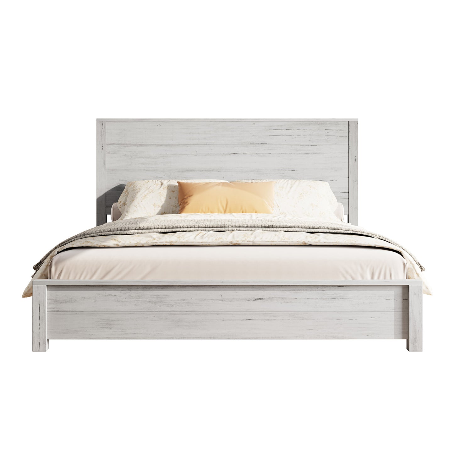 Merluxy Full Size 51.2" Wood Bed Frame, Rustic Platform Bed with Spliced Headboard, Wood Slats Support/Noiseless/No Box Spring Needed/Antique White