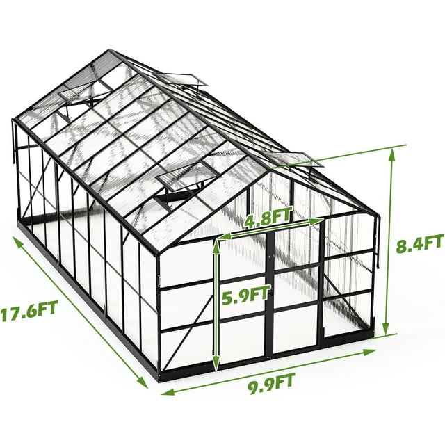 Jocisland 10x18 FT Polycarbonate Greenhouse with Rain Gutter & 4 Roof Vents, Heavy Duty Aluminum Greenhouse for Outdoor Garden Backyard, Black