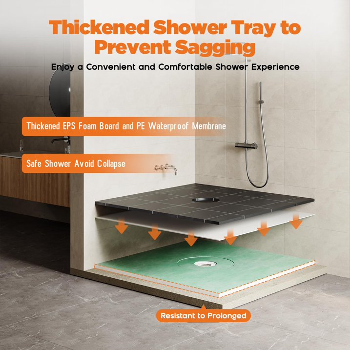 Jocisland Shower Curb Kit with Complete Shower Kit- Tray, Curb, Membrane, Seals, Bonding Flange, Corners, Trowel & Level, 48" x 48" Tray, Center Outlet Position