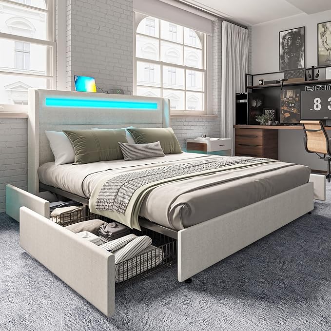 Queen Bed Frame with RGBW LED Lights Headboard & 4 Storage Drawers, Upholstered Smart Platform Bed with USB & USB-C Ports, Box Spring Optional, Dark Grey