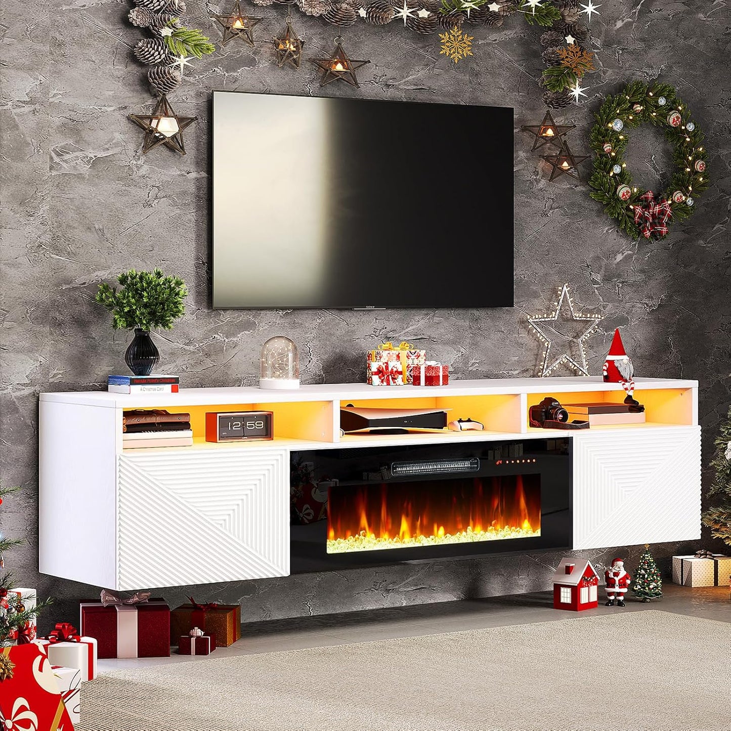 70" Floating TV Stand with Fireplace, Modern Wall Mounted Entertainment Center, White