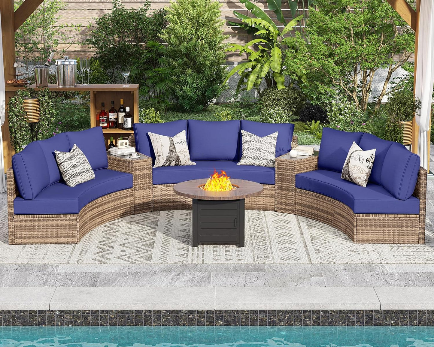 Patio Conversation Set, 11 Piece Half-Moon Sectional Round Patio Furniture Set with Large Storage Wedge Table Wicker Sofa Set, for Backyard Patio Garden