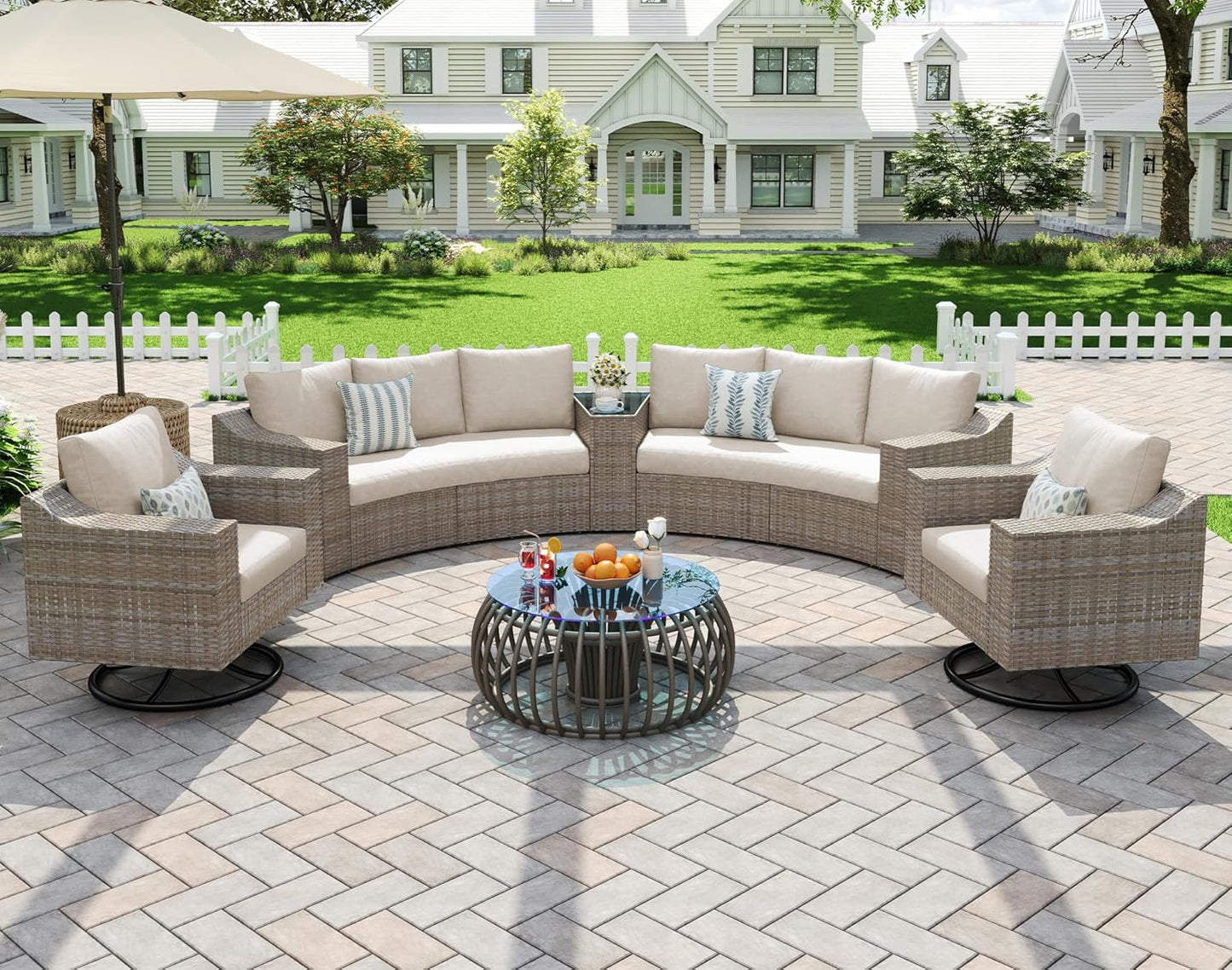 8 Seats Wicker Patio Furniture Set, Curved Sectional Sofa with Storage Table & Armrests