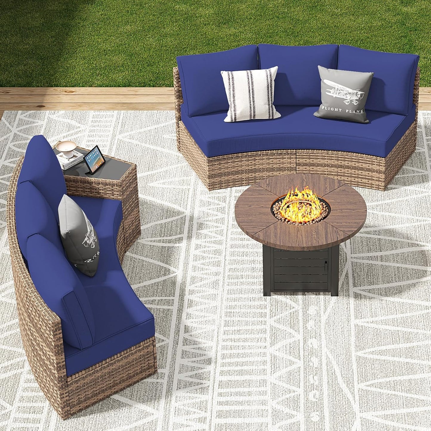 Patio Furniture Sets, 6 Piece Half-Moon Sectional Round Sofa Set, Outdoor Patio Furniture with Cushions for Beach, Pool, Balcony, Beige