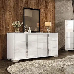 54" W High Gloss 6 Drawers Dressers with Silver Grooved Handles, Modern Storage Chest of Drawers with Wide Tabletop, for Bedroom/Dressing Room/Living Room