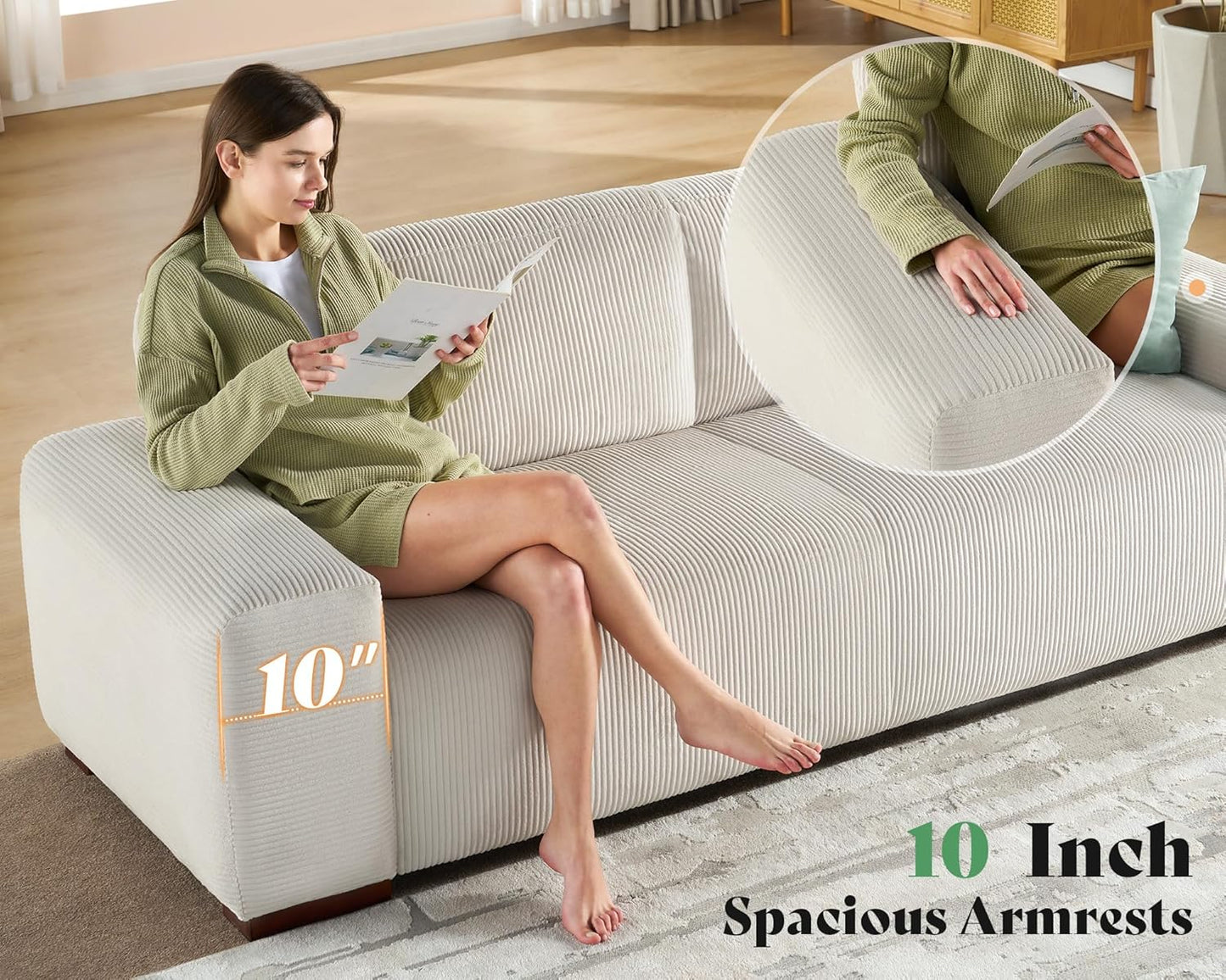 Sofa, 89 inch Oversized Couch with Thick Armrest, Comfy Sofa Couch for Living Room-3 Seater Sofa in White Corduroy