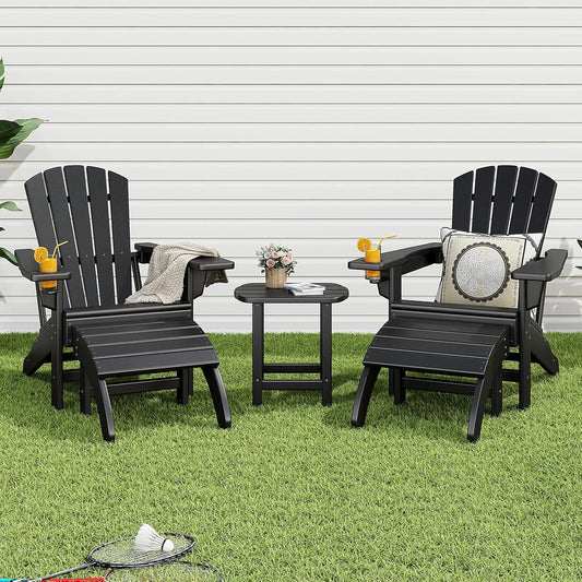 5-Piece Adirondack Chairs, Ottomans and Table Set, Outdoor Chair with Cup Holder and Wide Armrests for Patio, Garden, Deck, Porch, Lawn, Pool and Backyard