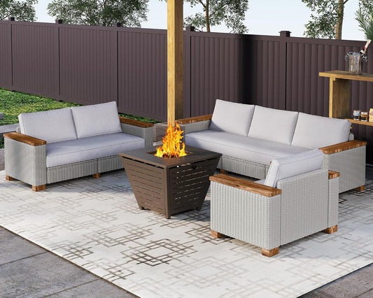 Patio Furniture Sets, 4-Piece Wicker Sofa Set, with Outdoor Patio Cushions & 5.9" Wider Wood Armrest