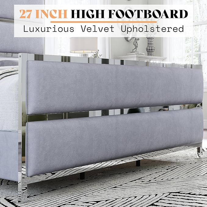 King Size Bed Frame, Velvet Upholstered Bed with Silver Trim Headboard & Footboard, Channel Tufted Platform Bed Frame, No Box Spring Needed/Light Grey