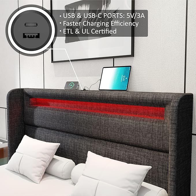 Queen Bed Frame with RGBW LED Lights Headboard & 4 Storage Drawers, Upholstered Smart Platform Bed with USB & USB-C Ports, Box Spring Optional, Dark Grey