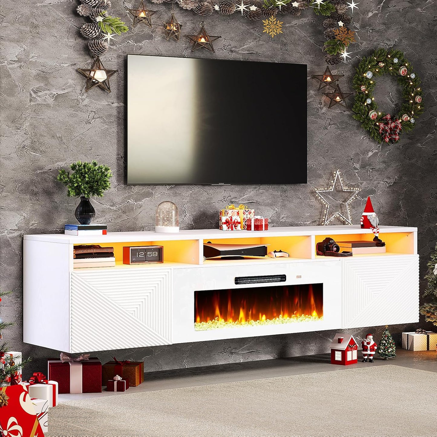 70" Floating TV Stand with Fireplace, Modern Wall Mounted Entertainment Center, White
