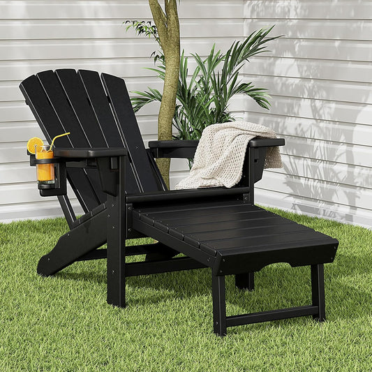 HDPE Adjustable Adirondack Chair with Cup Holder and Retractable Ottoman, Outdoor Chair for Patio, Garden, Deck, Porch, Lawn, Pool and Backyard