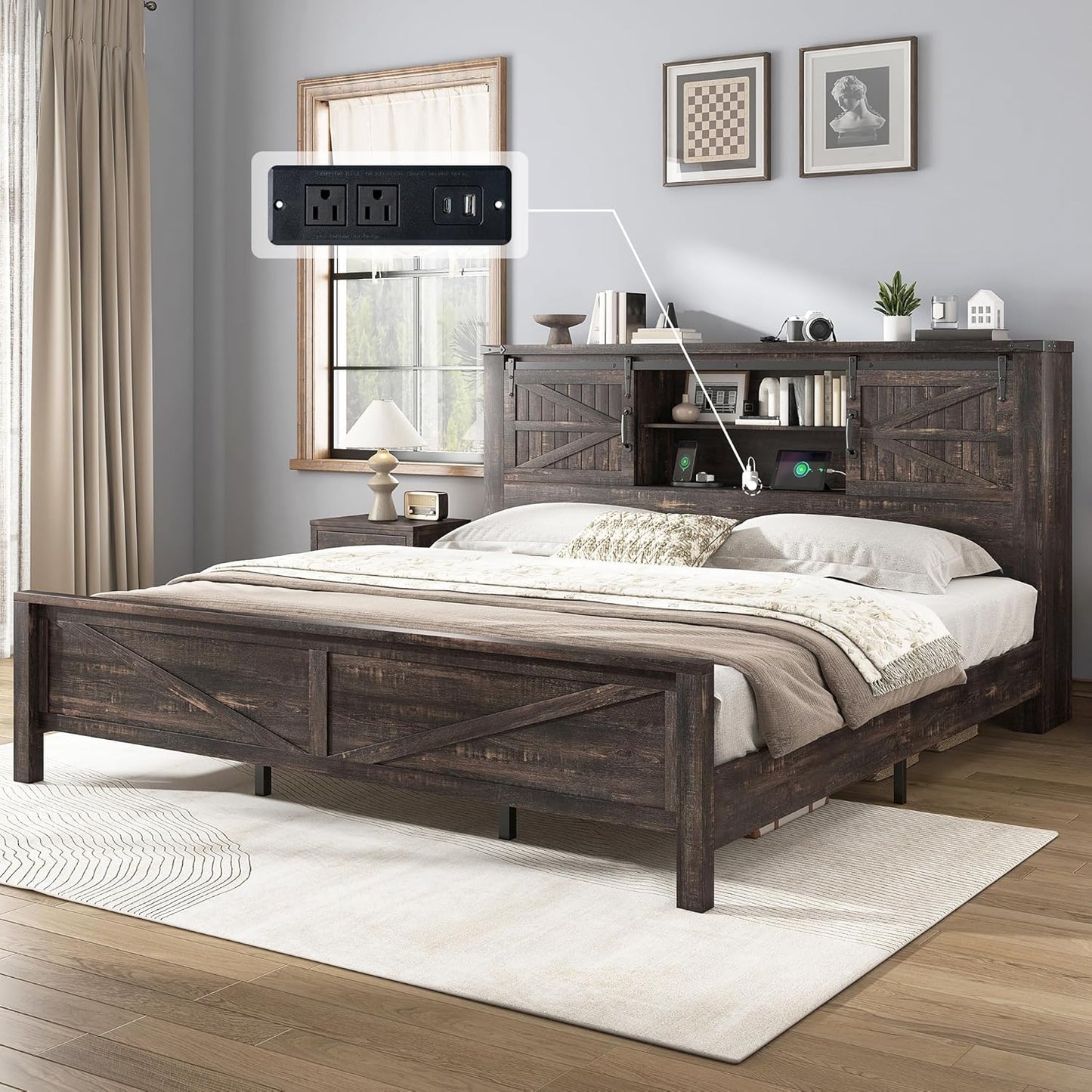 Farmhouse Full Bed Frame with Storage Bookcase & Charging Station, Bedroom Furniture, Black