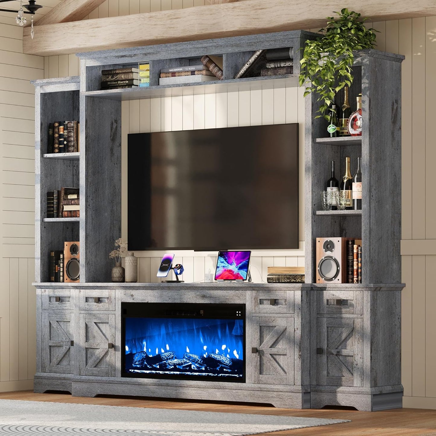VANACC Farmhouse TV Stand with Fireplace,Power Outlets,Bookshelves & Wine Cabinet for 78" TVs