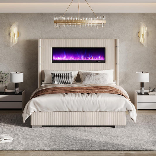 Modern Queen Size Bed Frame with Fireplace and Tall Headboard, Cream Wingback Platform