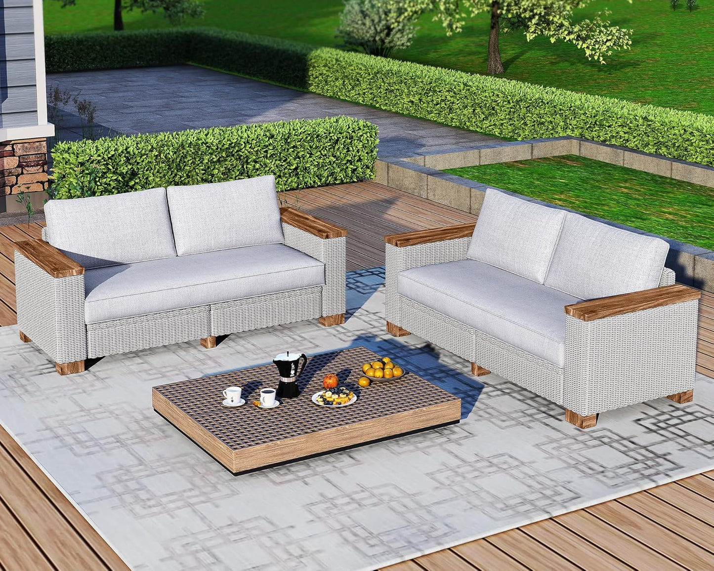 Patio Furniture Sets, 4-Piece Wicker Sofa Set, with Outdoor Patio Cushions & 5.9" Wider Wood Armrest