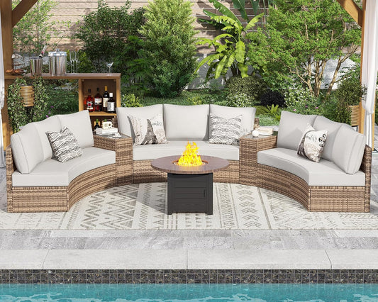 Patio Conversation Set, 11 Piece Half-Moon Sectional Round Patio Furniture Set with Large Storage Wedge Table Wicker Sofa Set, for Backyard Patio Garden