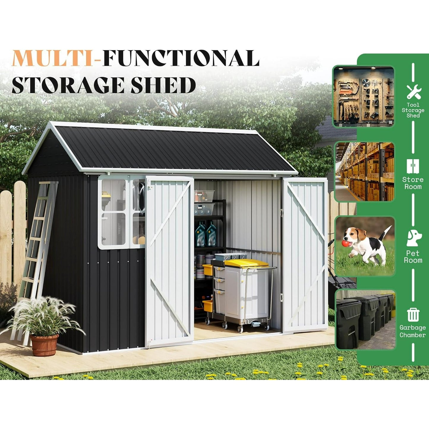 Jocisland 8.6x6x8 FT Outdoor Storage Shed with Lockable Upgraded Vents and Hinged Double Doors, Metal Shed for Backyard, Patio, Garden, Dark Black/White