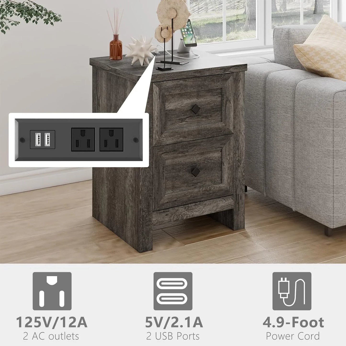 Nightstand Set of 2 with Charging Station, Wood End Table with 2 Drawers Storage Cabinet Grey