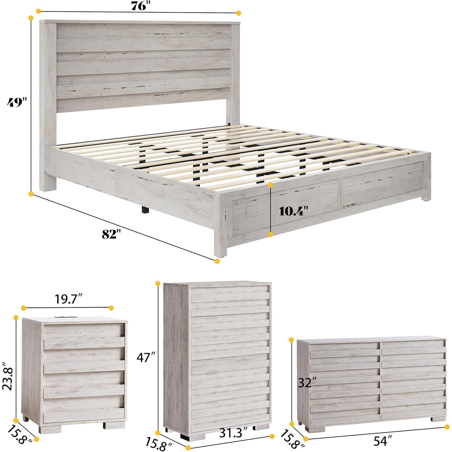 AMERLIFE 5 Piece Farmhouse Bedroom Set, Queen Bed Frame with 49" Fluted Headboard, 54" Wide 6 Drawer Dresser, 47" High 5 Drawer Dresser, 2 Drawer Nightstand with Charging Stand, Black