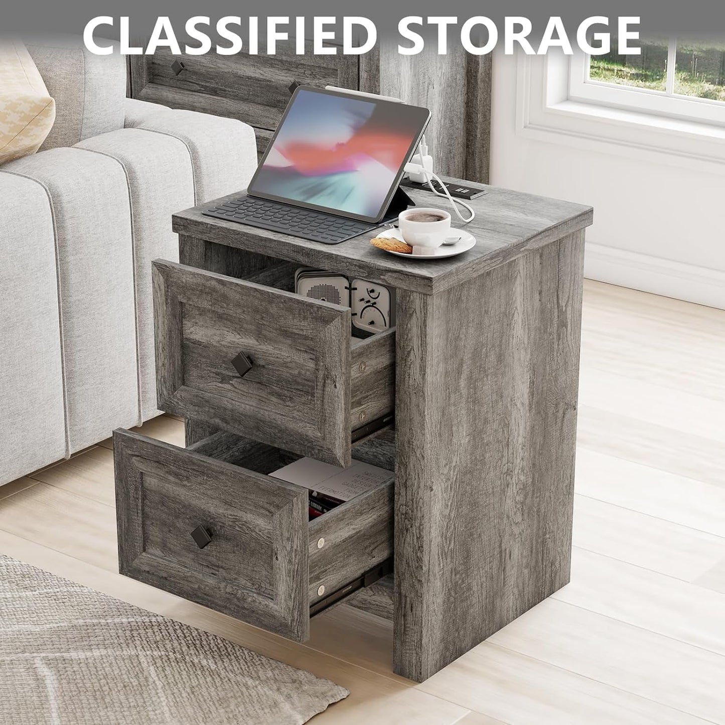 Nightstand Set of 2 with Charging Station, Wood End Table with 2 Drawers Storage Cabinet Grey