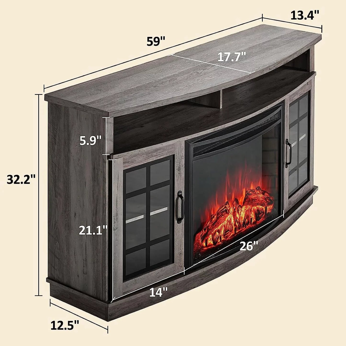 TV Stand with 26" Fireplace, 63" Entertainment Center with Fireplace, Wash Gray