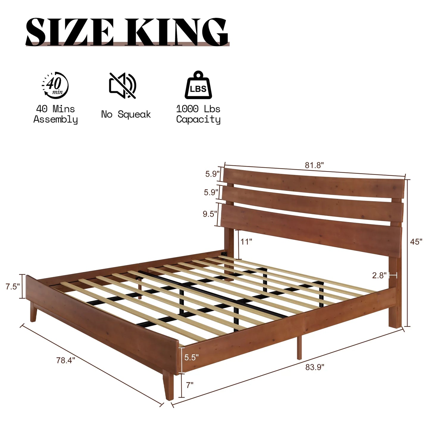 Queen Solid Wood Bed Frame with Slatted Headboard, Wood Slat Support, No Box Spring, Walnut