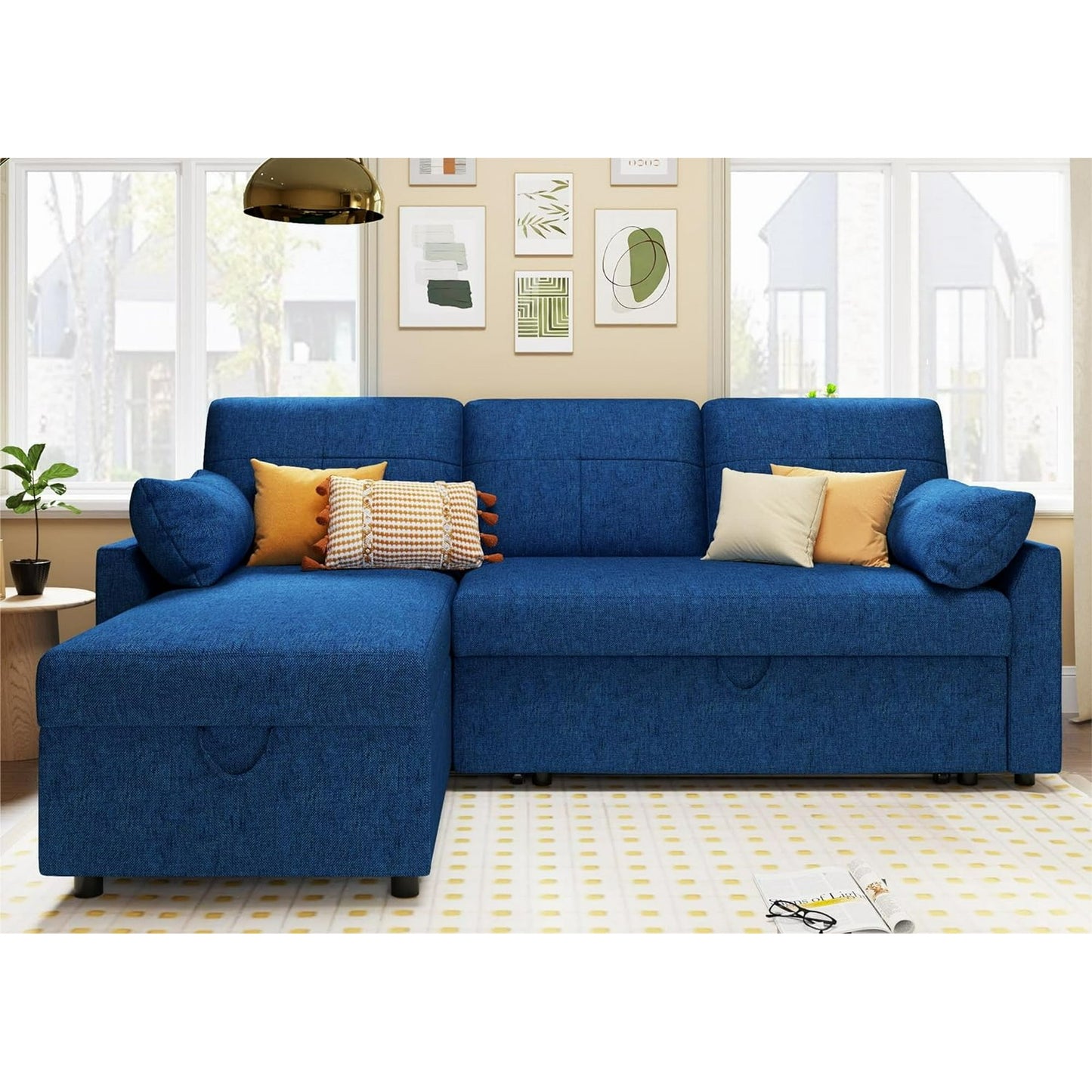 Sleeper Sofa, Pull Out Couch Bed with Storage Chaise for Living Room Office, Linen Blue