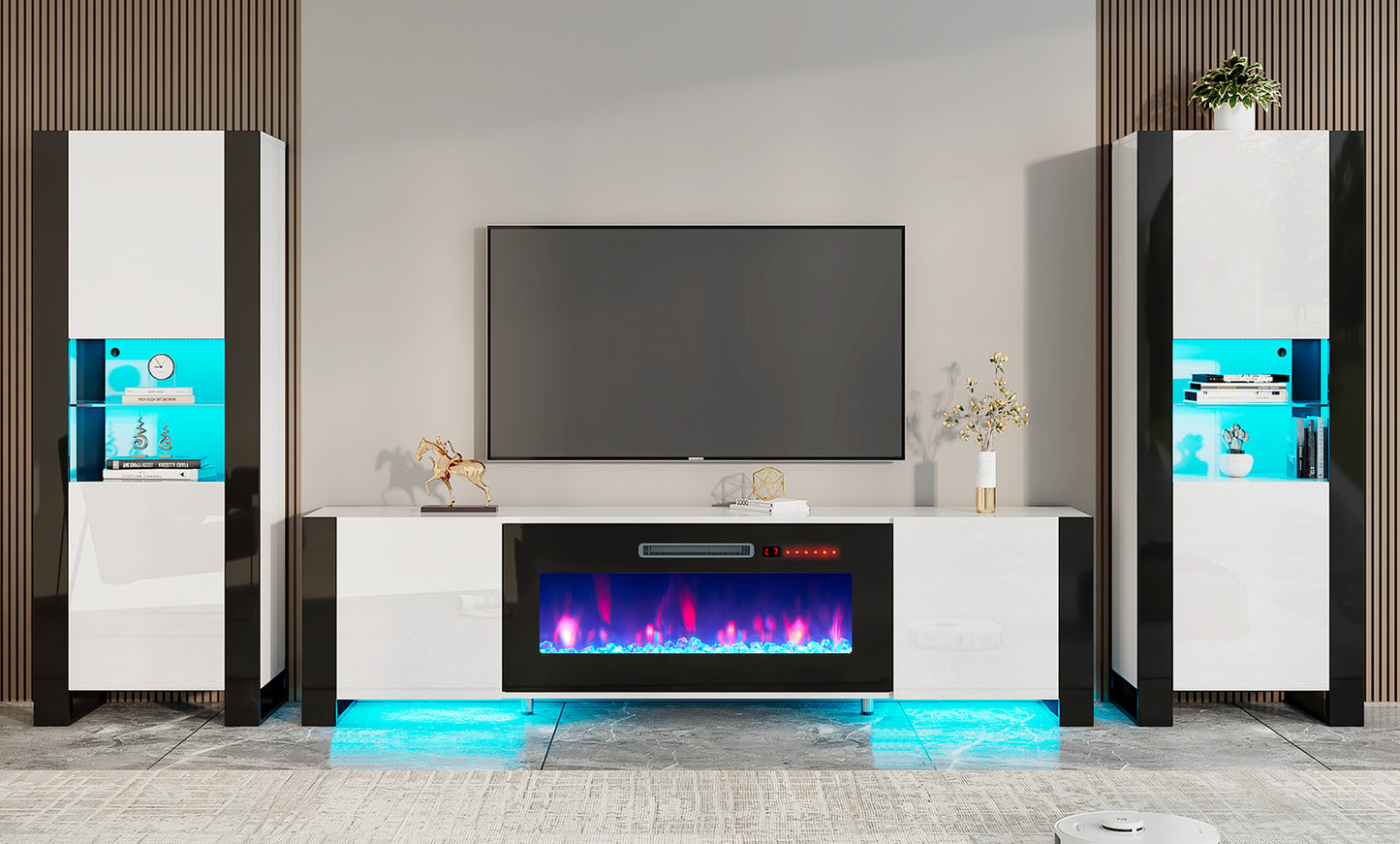 Merluxy 3 Pieces Modern Entertainment Center Set, High Gloss 70" Fireplace TV Stand with LED Lights, 36" Electric Fireplace, 2 Bookcases with Storage for Living Room, Home Office, Black