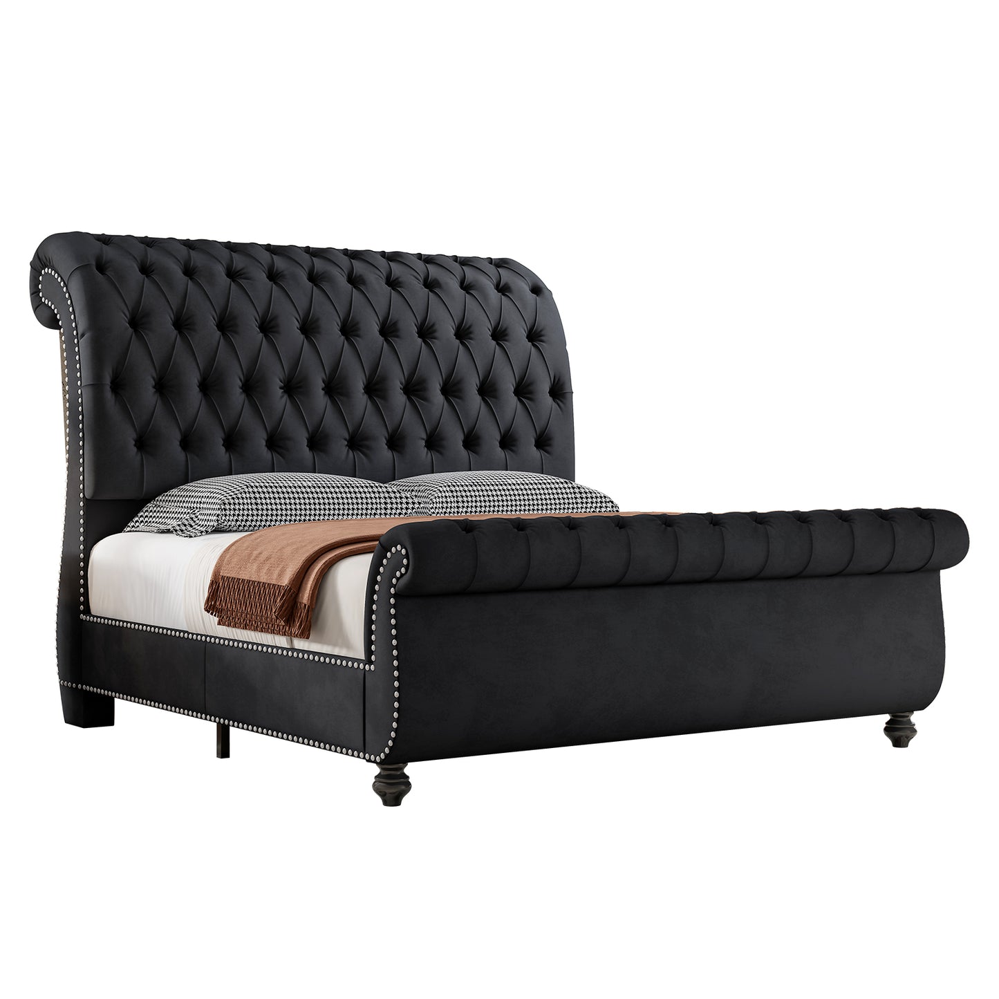 Jocisland Velvet Upholstered Platform Sleigh Bed Frame with Scroll Headboard & Footboard, Button Tufted