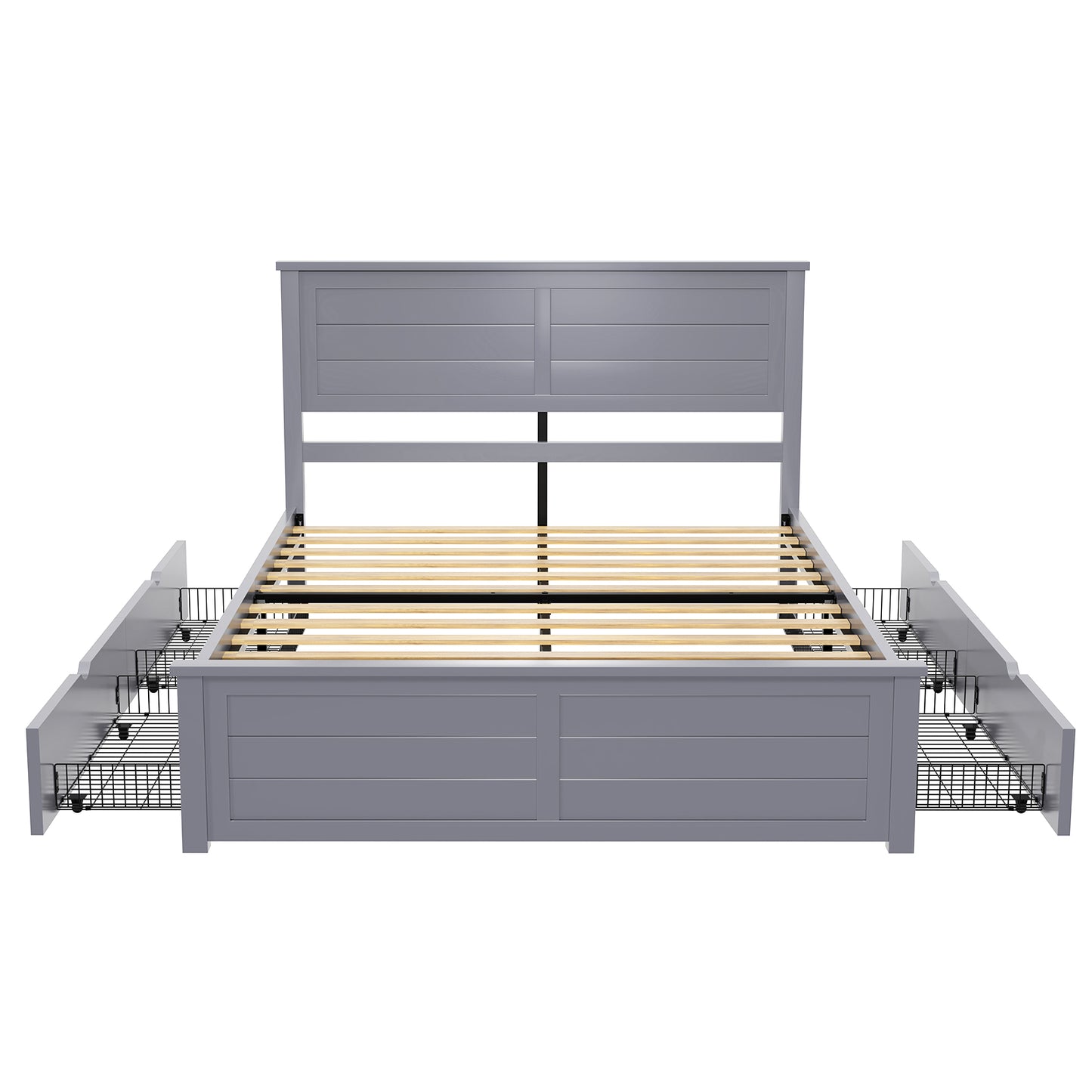 Farmhouse Twin Size Bed Frame with Headboard and 4 Storage Drawers, Solid Wood Barn Door Platform Bed with Wood Slats, Heavy Duty Mattress Foundation, Non-Slip & Noise-Free, Antique White