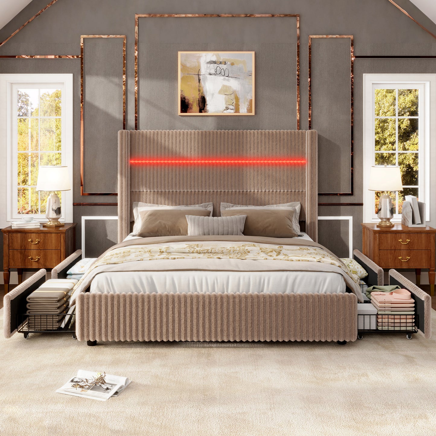 Jocisland Upholstered Corduroy Bed Frame with 4 Storage Drawers, 51.2" Tall Wingback Headboard, LED Lights & Charging Station, Platform Bed No Box Spring Needed, Easy Assembly