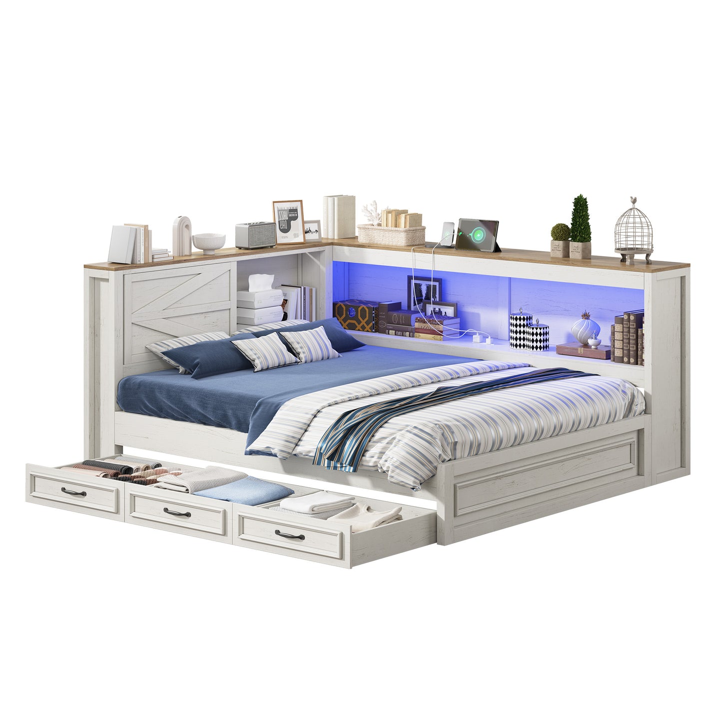 Jocisland Corner Bed Frame with Storage Drawers and Bookcase Headboard, Charging Station and Led Lights, Farmhouse Wood Daybed for Kids Teens, No Box Spring Needed