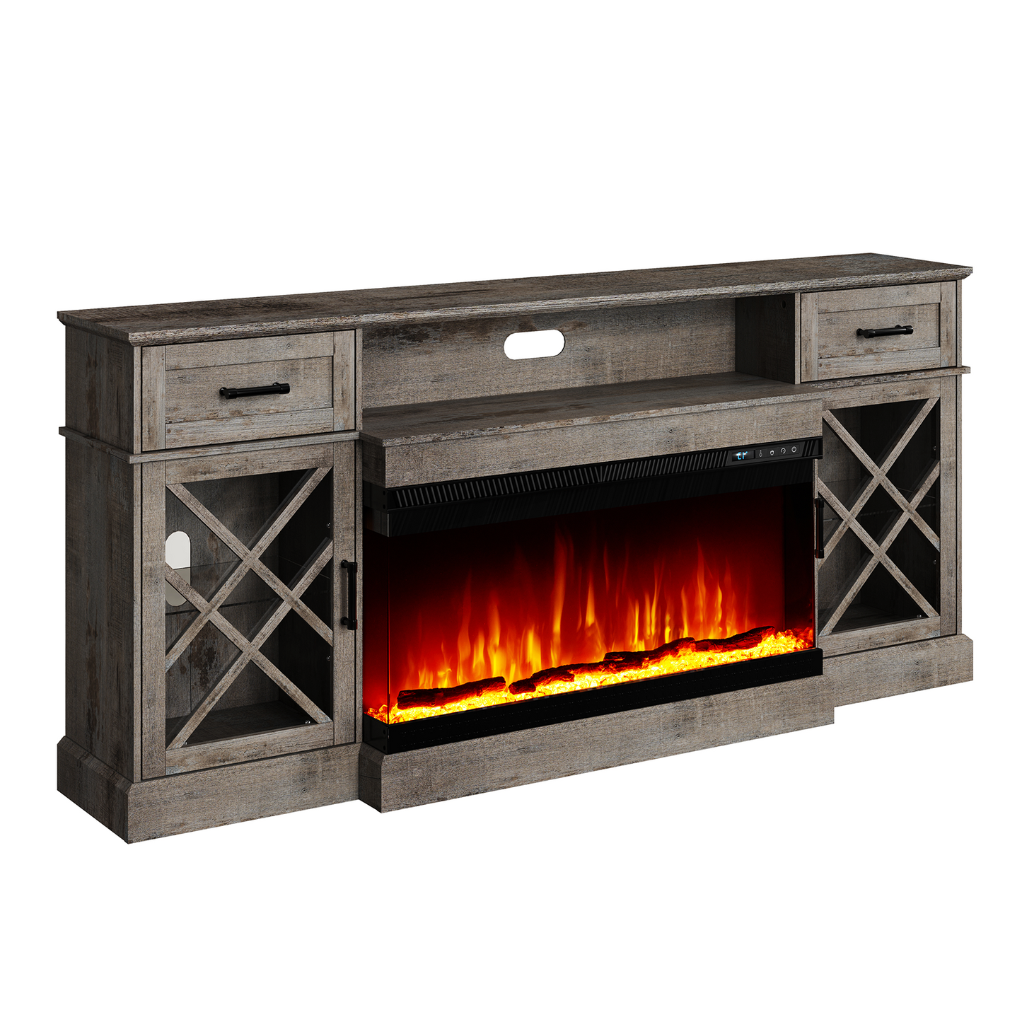 Merluxy Farmhouse LED Fireplace TV Stand with 3-Sided Glass Fireplace, 70" Large Entertainment Center for TVs up to 80", Rustic TV Console with Glass Door Storage for Living Room, Light Gray