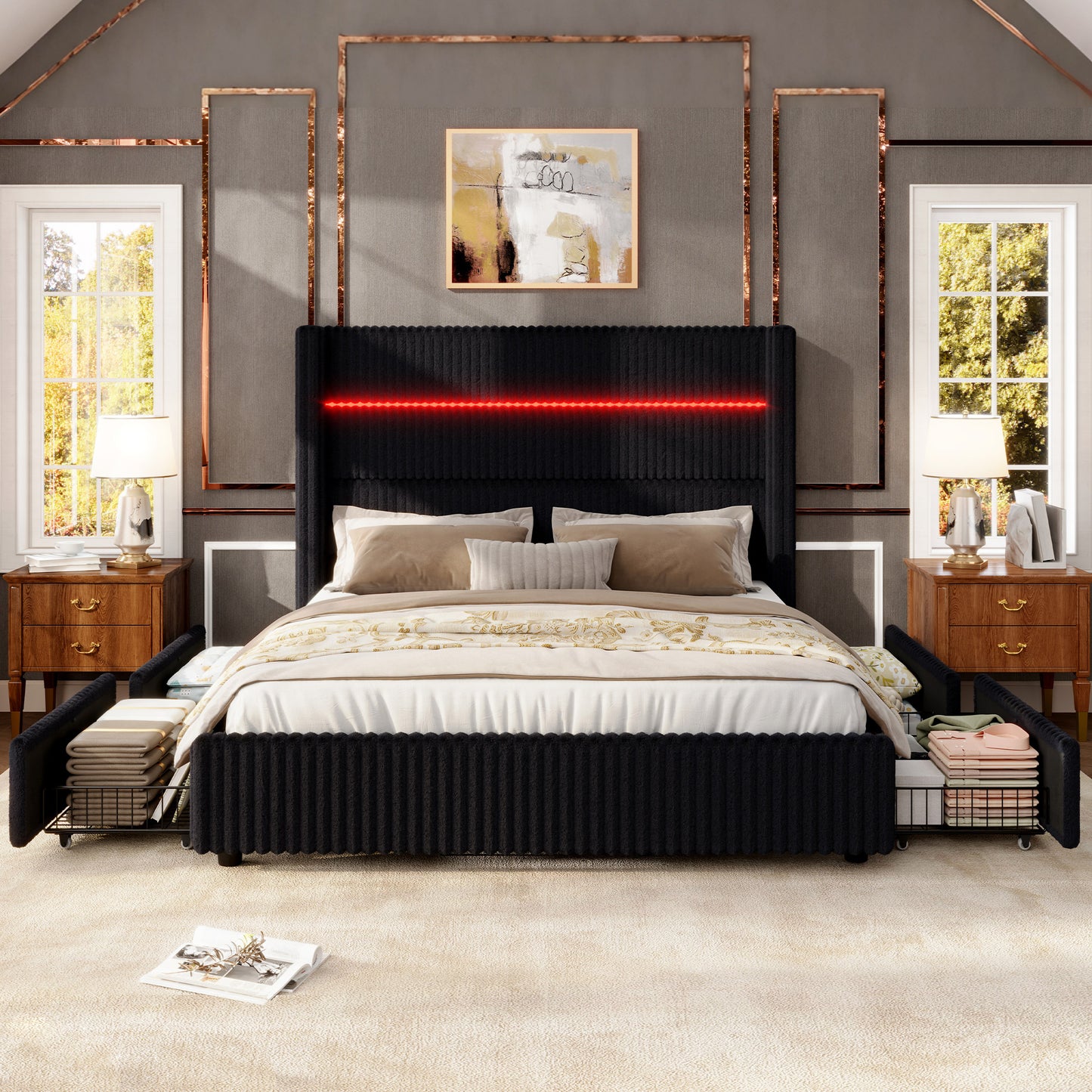 Jocisland Upholstered Corduroy Bed Frame with 4 Storage Drawers, 51.2" Tall Wingback Headboard, LED Lights & Charging Station, Platform Bed No Box Spring Needed, Easy Assembly