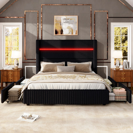 Jocisland Upholstered Corduroy Bed Frame with 4 Storage Drawers, 51.2" Tall Wingback Headboard, LED Lights & Charging Station, Platform Bed No Box Spring Needed, Easy Assembly