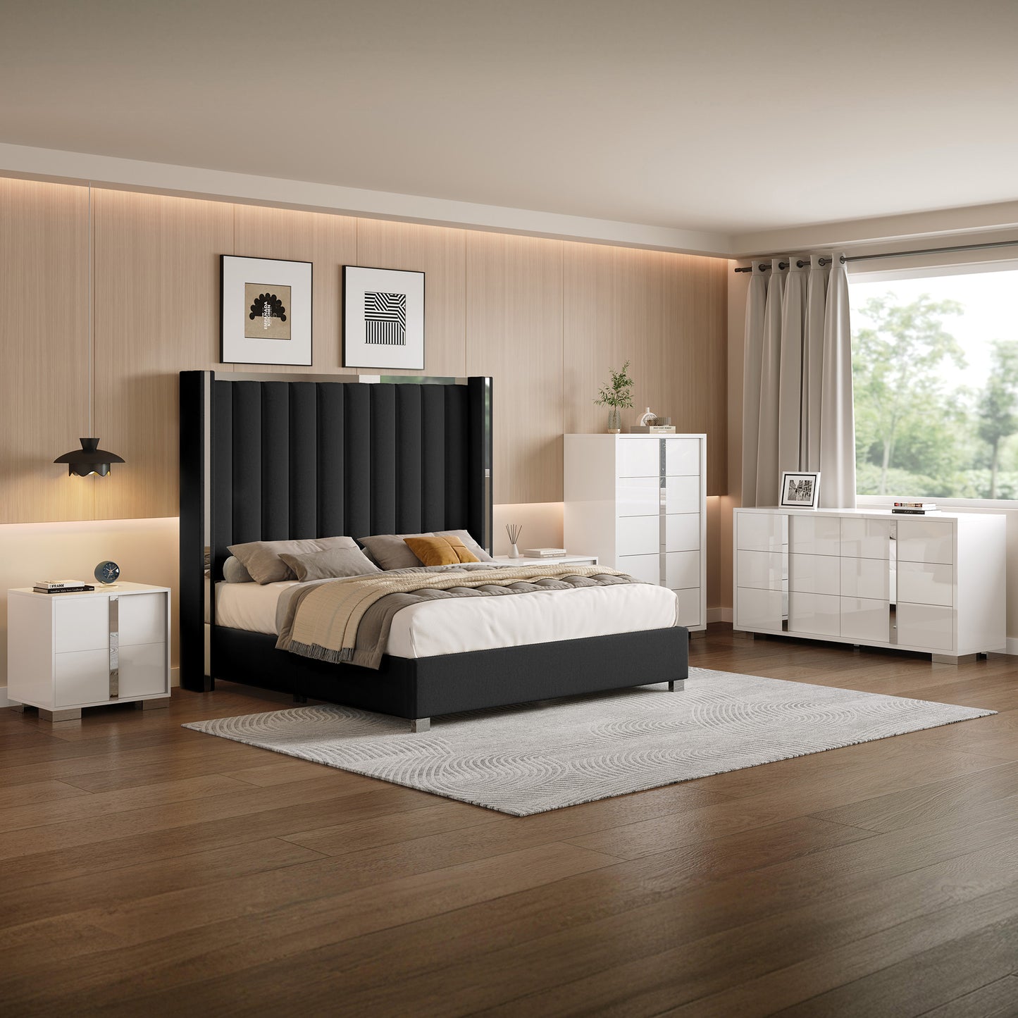 AMERLIFE 3-Piece Modern Bedroom Set Upholstered Bed Frame with 58" Wingback Headboard and 2 White Nightstands