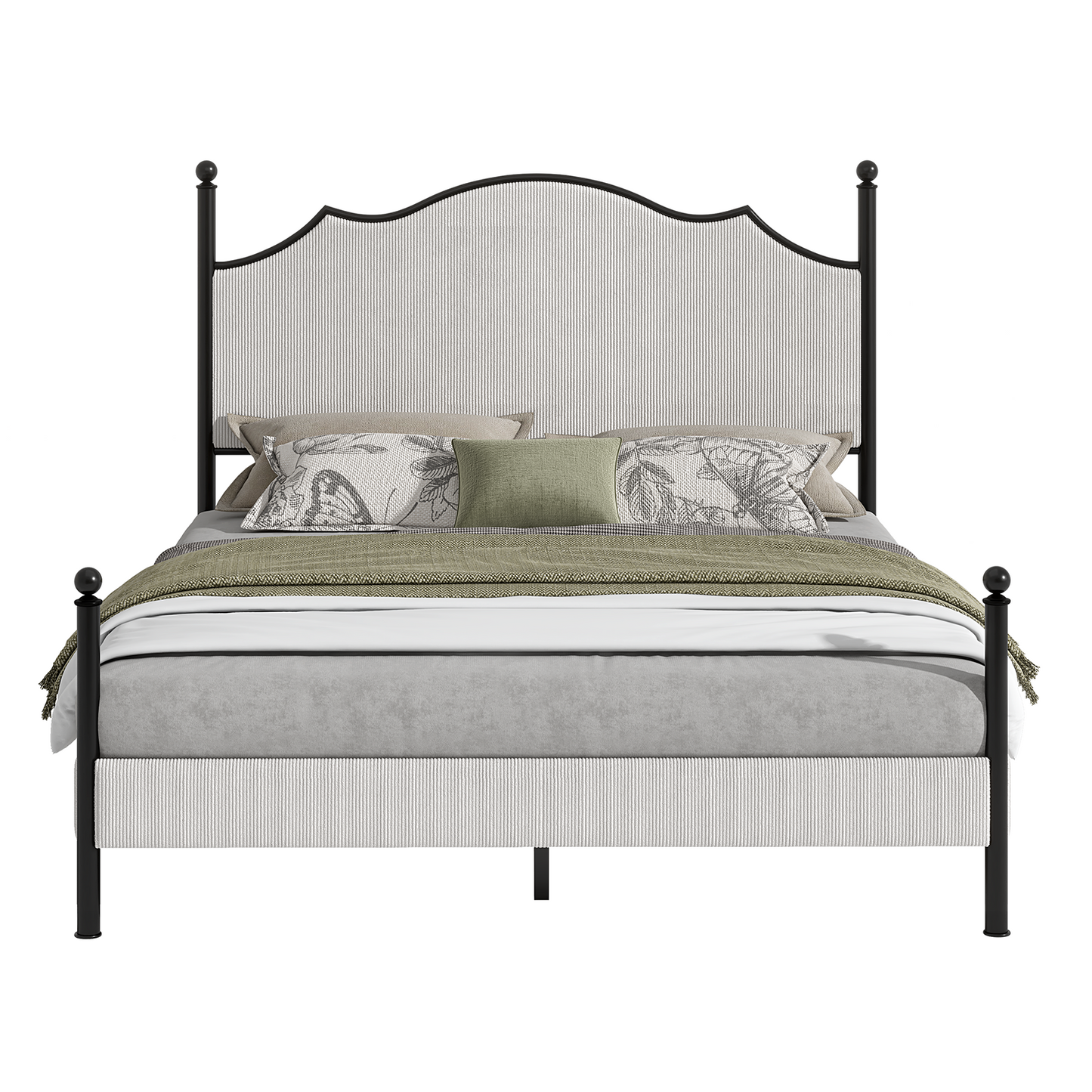 Merluxy Upholstered Full Size Bed Frame with 51.2" Tall Headboard, Metal Four Poster LED Beds for Bedroom, Easy Assembly, Wooden Slats, Grey