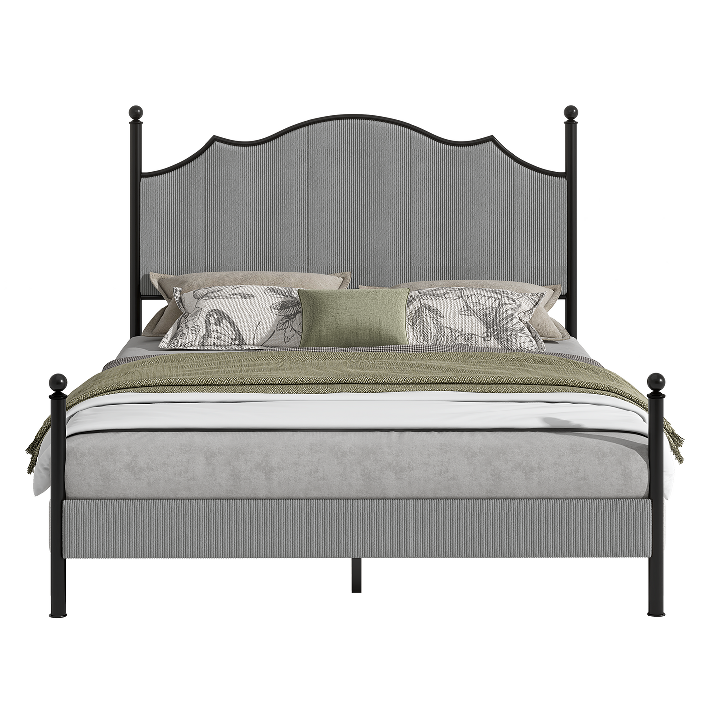 Merluxy Upholstered Full Size Bed Frame with 51.2" Tall Headboard, Metal Four Poster LED Beds for Bedroom, Easy Assembly, Wooden Slats, Grey