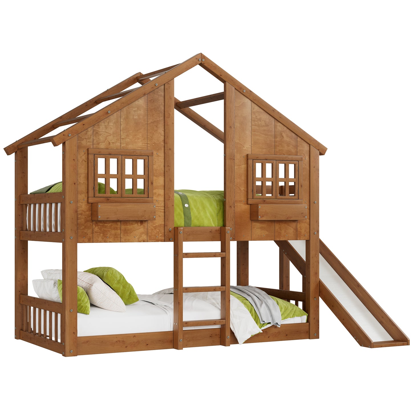 Jocisland House Bunk Bed with Slide and Ladder, Solid Wood Frame, Window Box Shelf, 14" Guardrail, Underbed Area for Mattress or Play